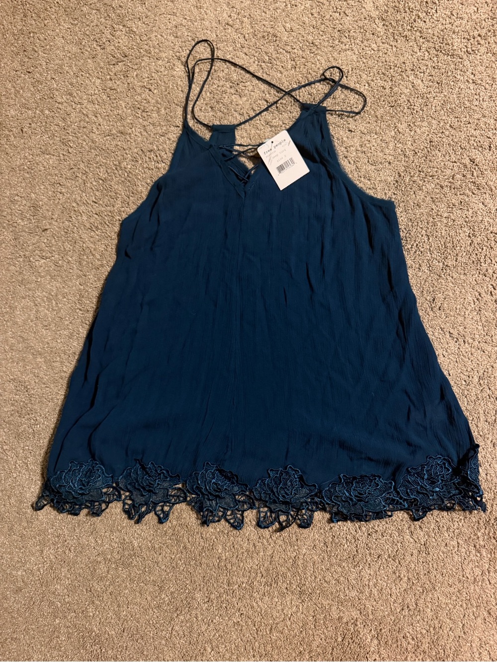 Free People Deep Teal Lace-Hem Crinkle Camisole